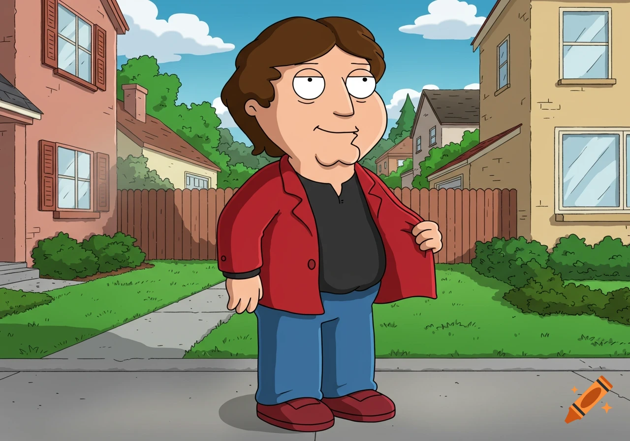 A cartoon man in Family Guy style, with brown hair, red open jacket, black shirt, blue pants, and dark red shoes, standing on a sidewalk in a neighborhood.