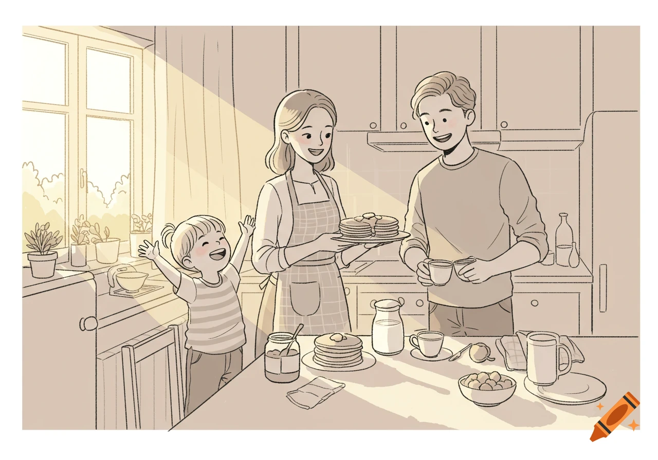 A happy family (mother, father, child) preparing breakfast in a sunny kitchen, in a simple line drawing style.