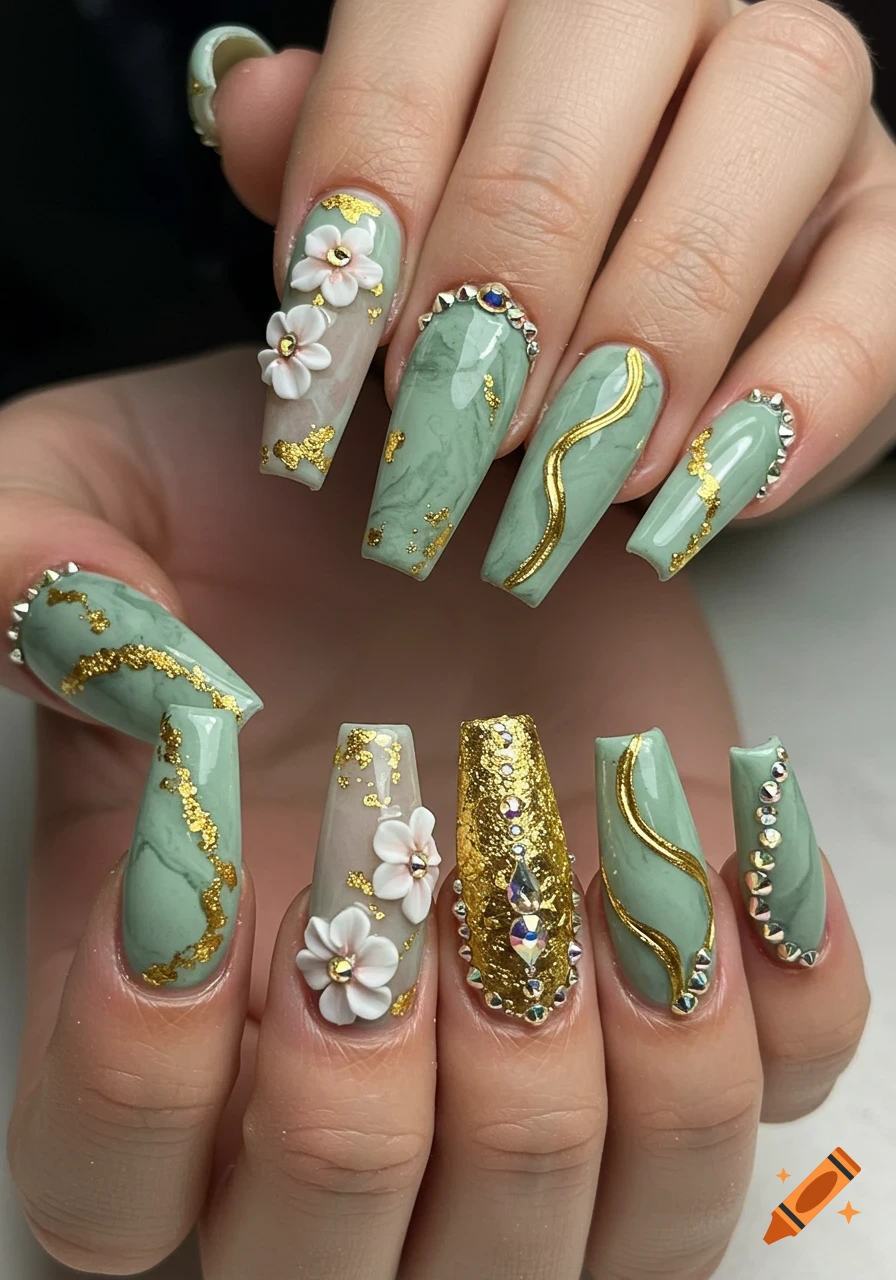 Close-up of hands with coffin-shaped nails featuring sage green marble, gold flakes, 3D white flowers, gold glitter, gold swirls, and various gems.