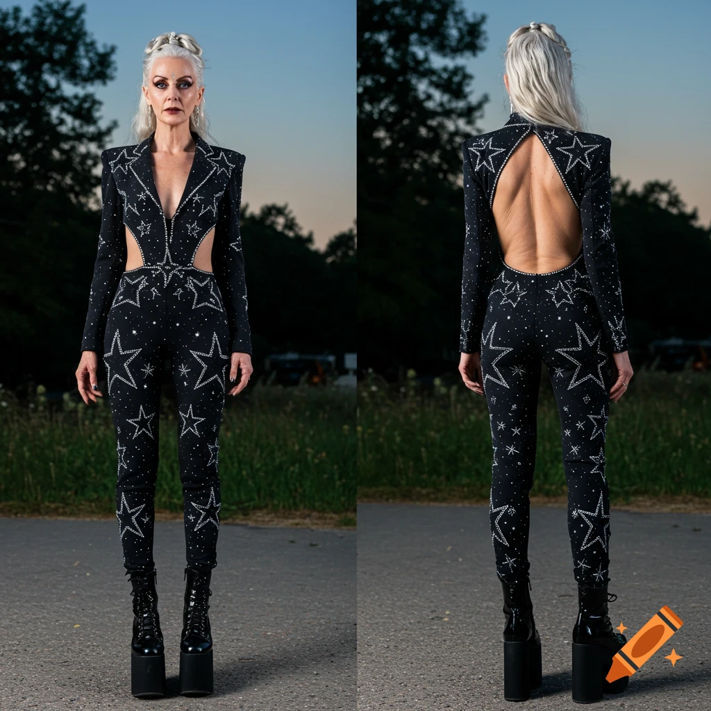 Front and back views of an older woman in a black star-studded, cut-out jumpsuit and platform boots.