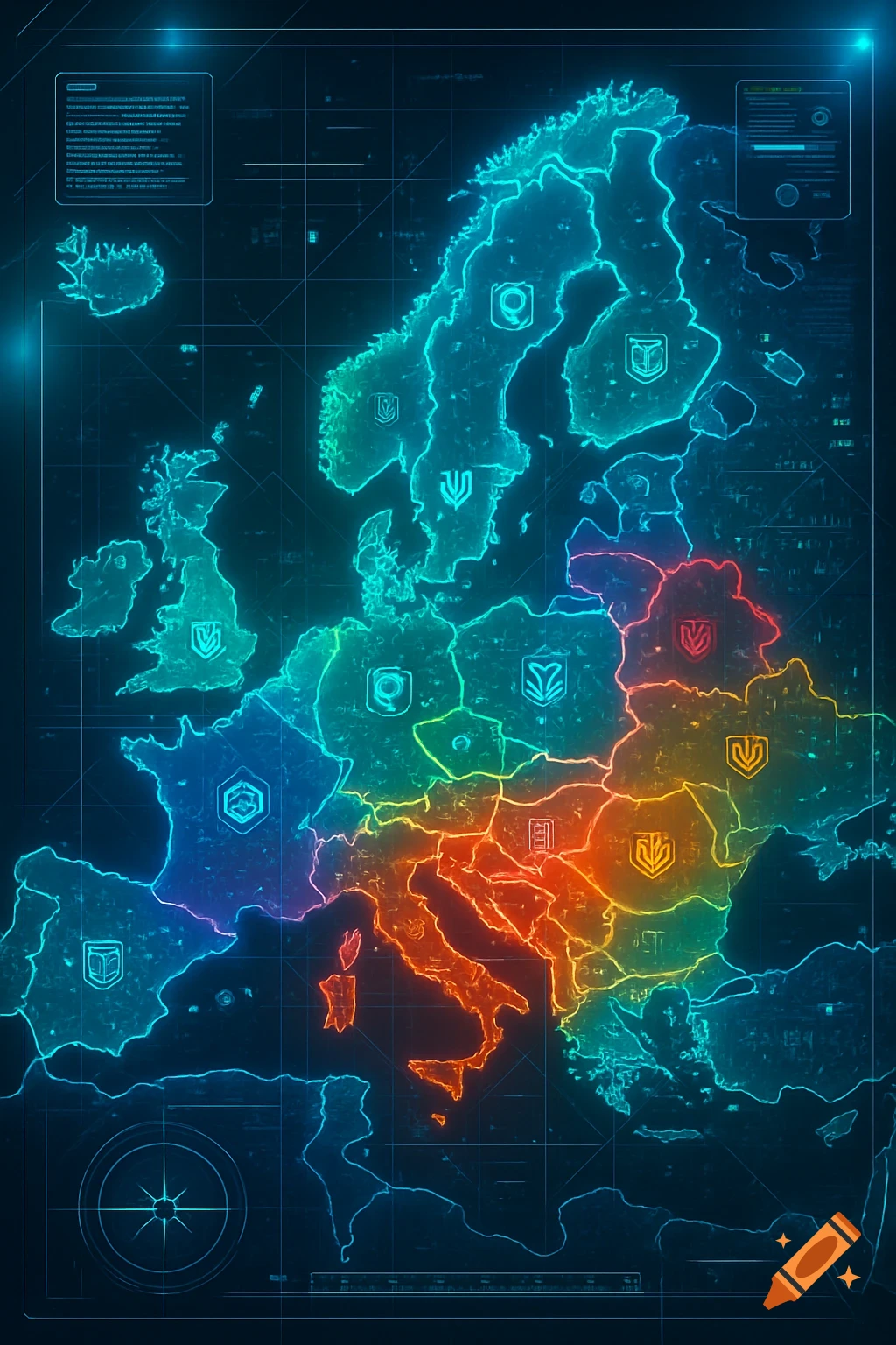 A glowing, futuristic, rainbow-colored administrative map of Europe on a dark digital interface background with UI elements.