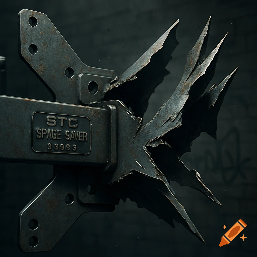 A close-up of a rusty, dark metal wall mount with sharp, sheared metal spikes protruding from it, against a dark background.