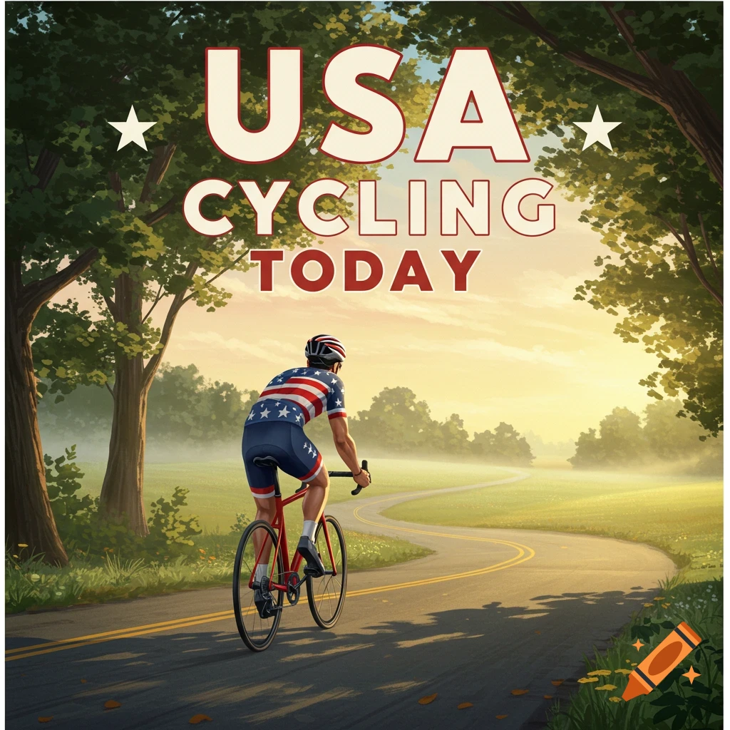 Illustration of a man in a USA cycling jersey on a winding road through a misty landscape. Text: 'USA CYCLING TODAY'.