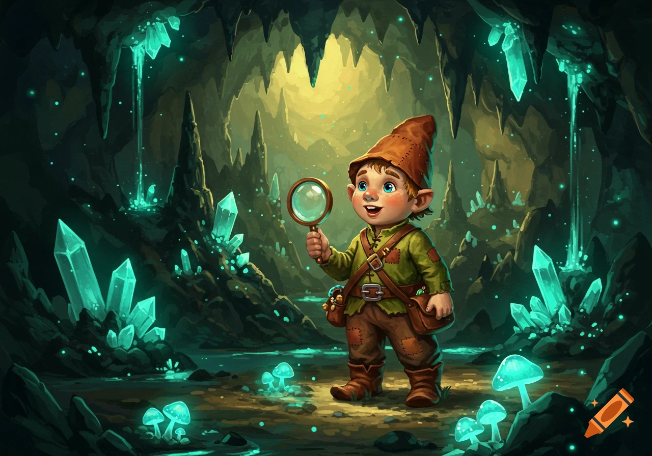 A cheerful cartoon rock gnome with a magnifying glass stands in a glowing crystal cave with bioluminescent mushrooms.