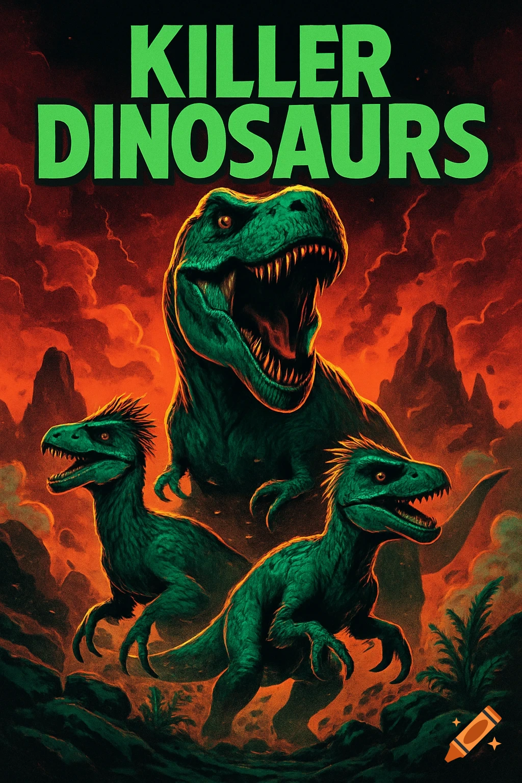 Movie poster for 'KILLER DINOSAURS' with a roaring T-Rex and two smaller dinosaurs against a fiery orange sky.