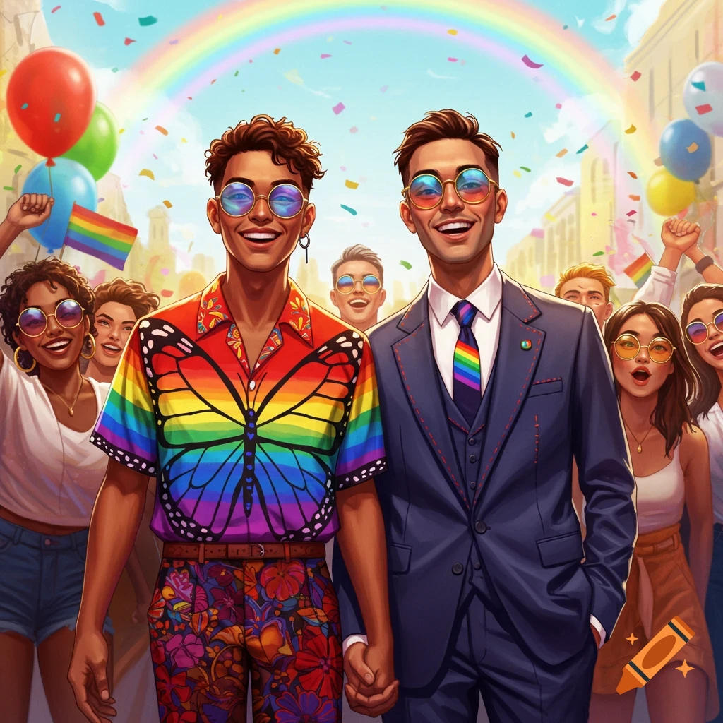 Two smiling men hold hands at a vibrant Pride parade, surrounded by a celebratory crowd, confetti, balloons, and a bright rainbow.