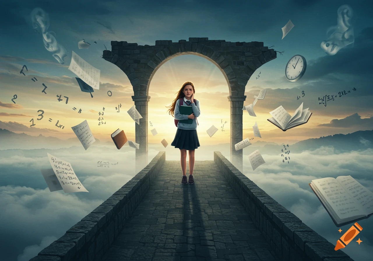 A stressed student in a uniform stands on a stone bridge above clouds. Floating papers, equations, and clocks surround her in a fantasy style, depicting academic pressure.