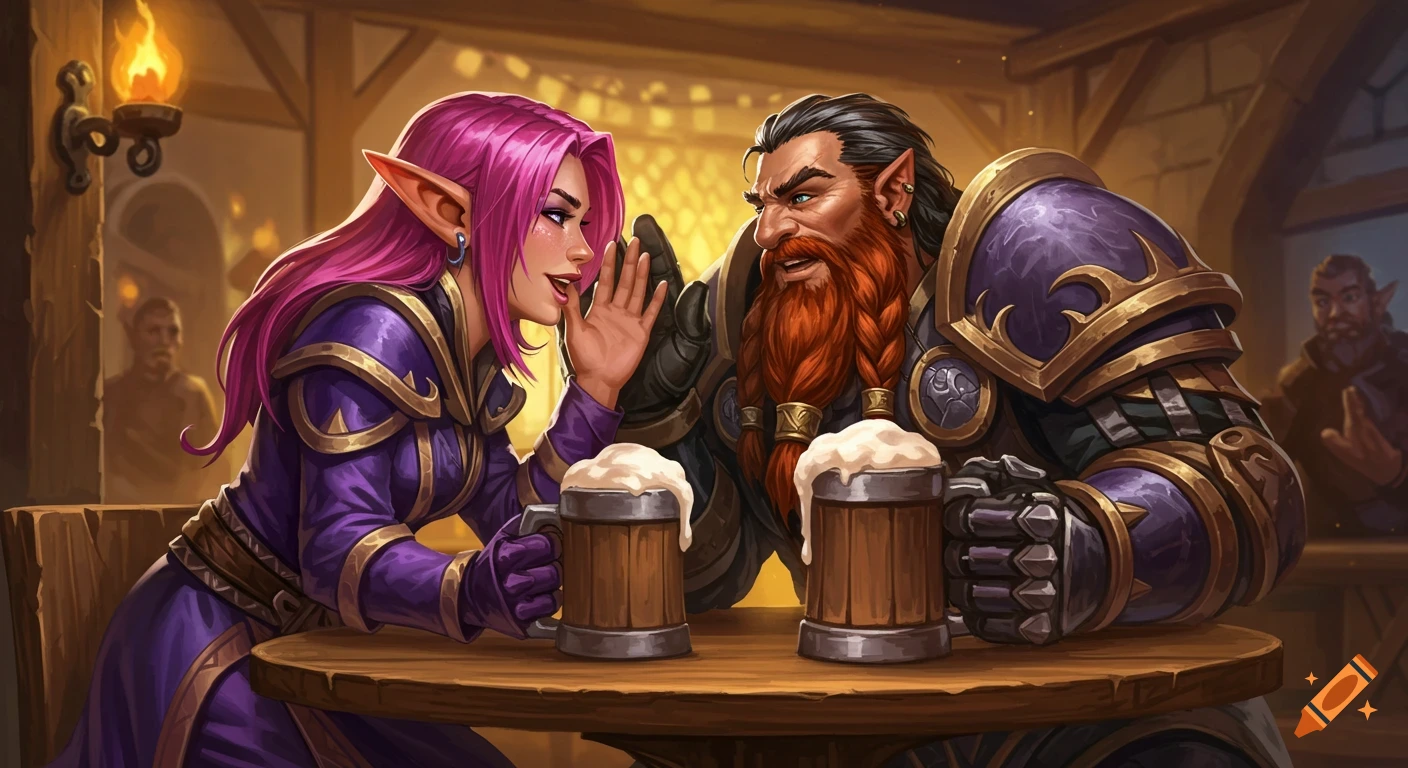 A pink-haired elf-like woman whispers secrets to a bearded dwarf-like man across a tavern table, both holding beer mugs in a semi-realistic World of Warcraft art style.
