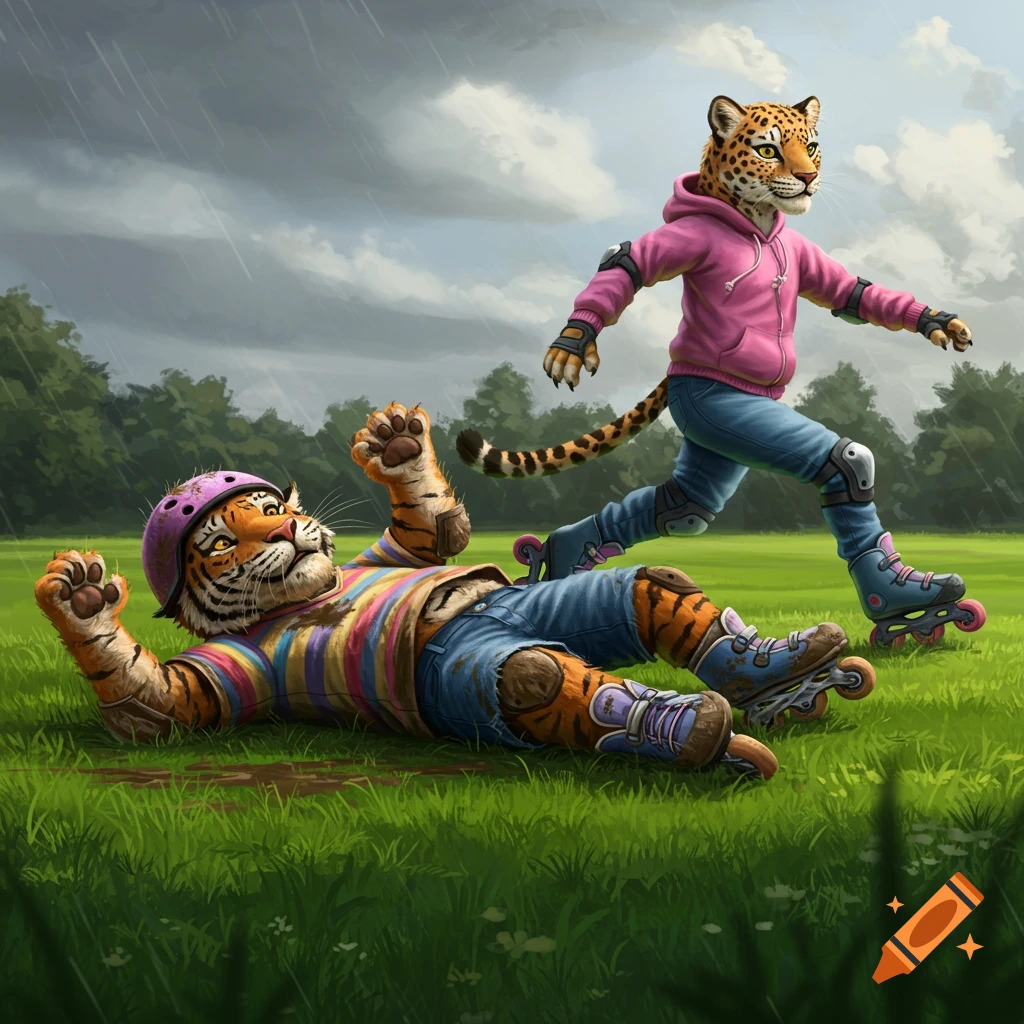 An illustrated tiger fallen on roller skates in a grassy field in the rain, a leopard skates past in a pink hoodie.