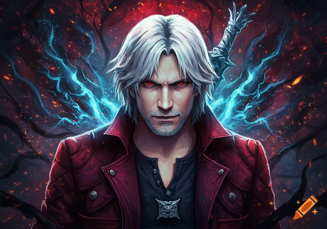 A white-haired man with glowing red eyes and a red coat stands in a ...
