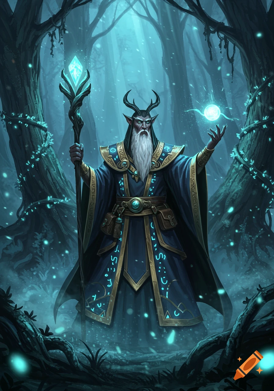 A horned wizard with a white beard holds a glowing staff and conjures a magic orb in a dark, enchanted forest.