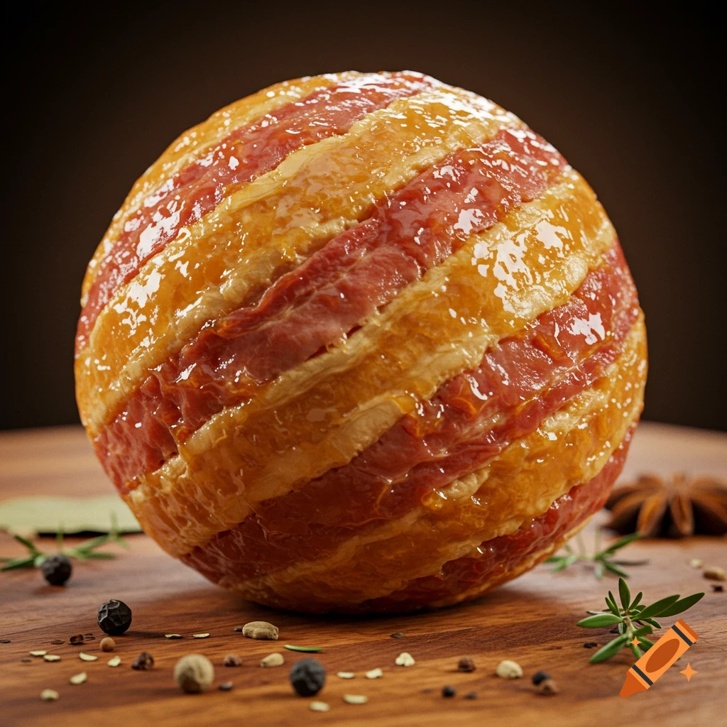 A glistening, glazed deep-fried bacon ball rests on a dark wooden surface, surrounded by peppercorns and herbs.