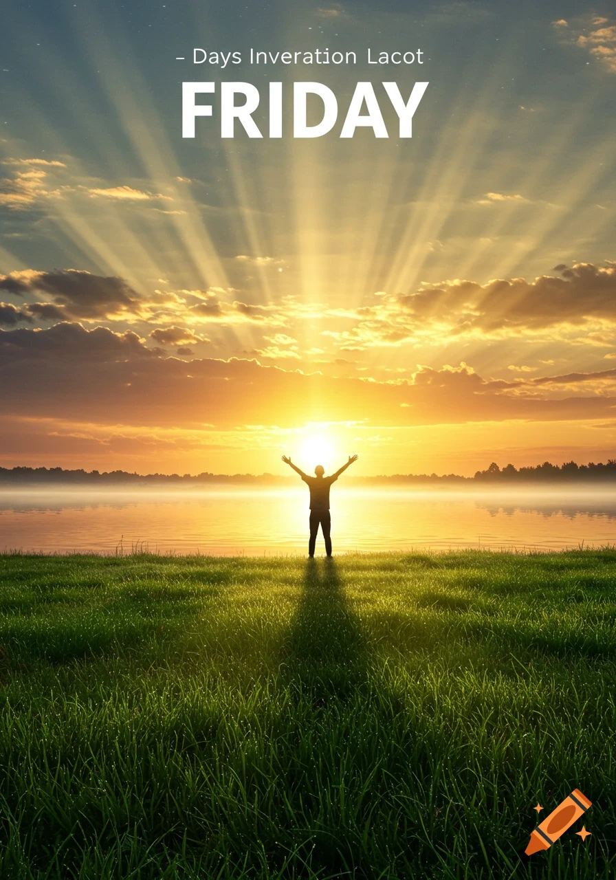 A person stands silhouetted by a brilliant sunrise over a misty lake, with arms outstretched in green grass. Text reads "- Days Inveration Lacot FRIDAY".
