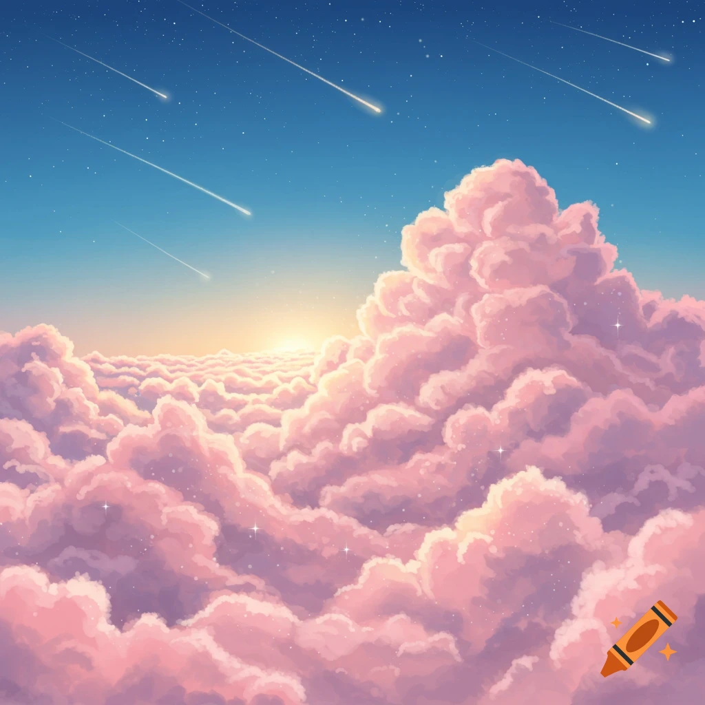 Pastel illustration of fluffy pink clouds under a starry blue sky, with shooting stars and a sunlit horizon.
