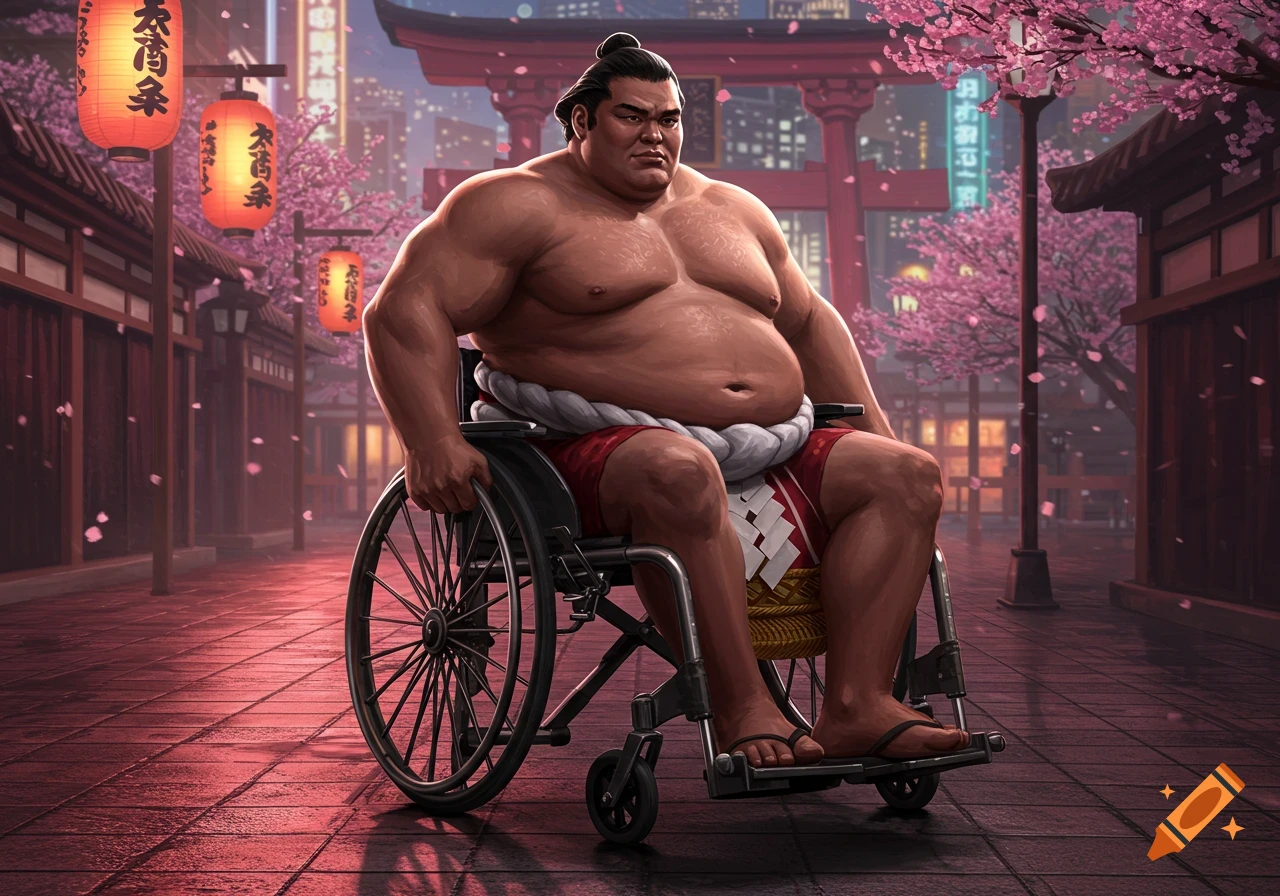 Stylized illustration of a muscular sumo wrestler in a wheelchair on a Japanese street lined with cherry blossoms and lanterns at dusk.
