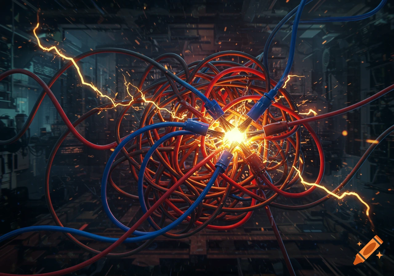 A tangle of red and blue electrical wires sparking brightly at a central connection point in a dark, complex setting.