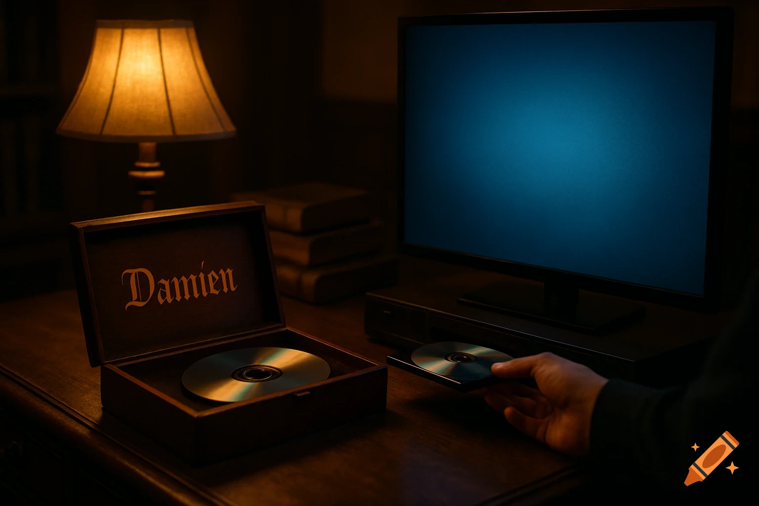 A hand inserts a DVD into a player, next to a wooden box labeled 'Damien', a TV, and a lamp in a dim room.
