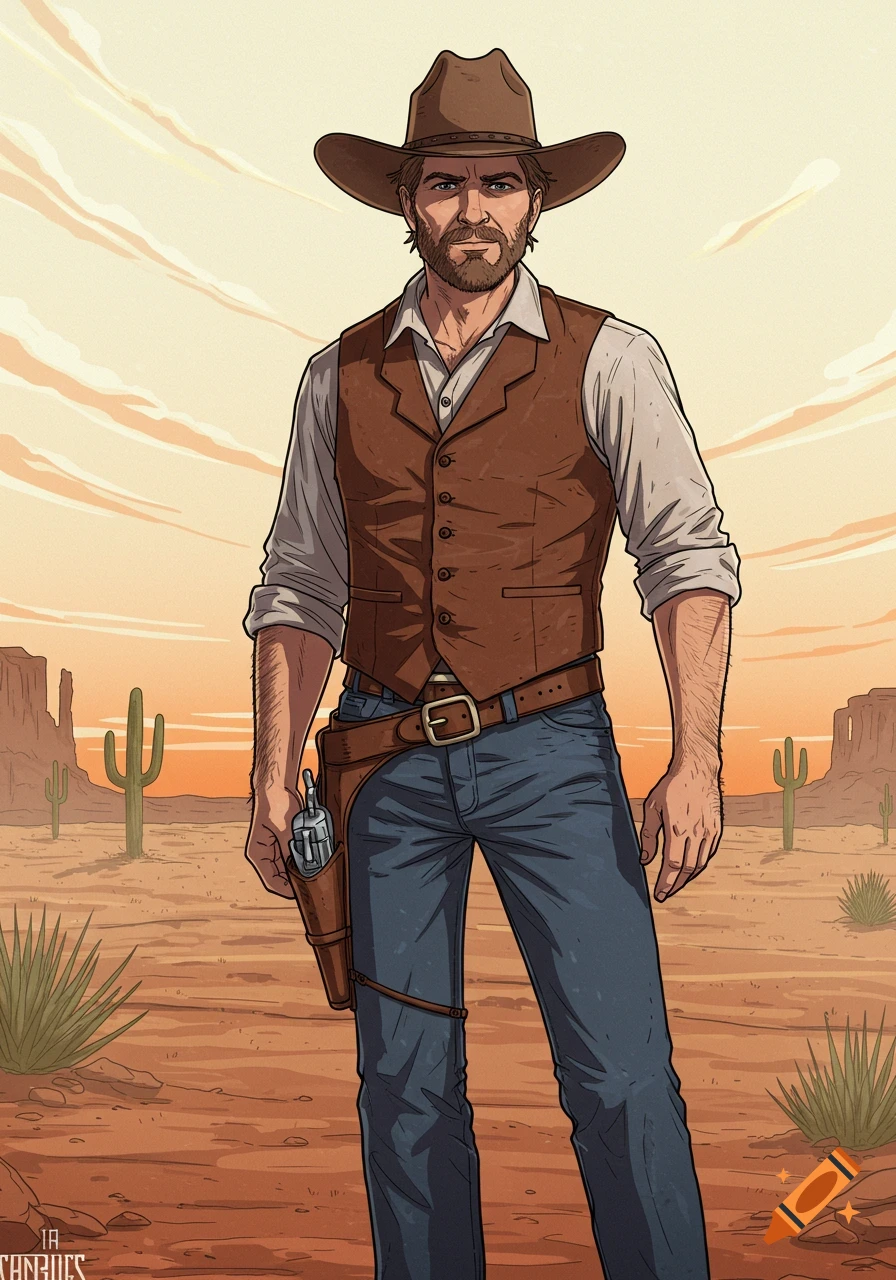 A cartoon cowboy with a hat, vest, and a gun holstered at his hip stands in a desert with cactuses.
