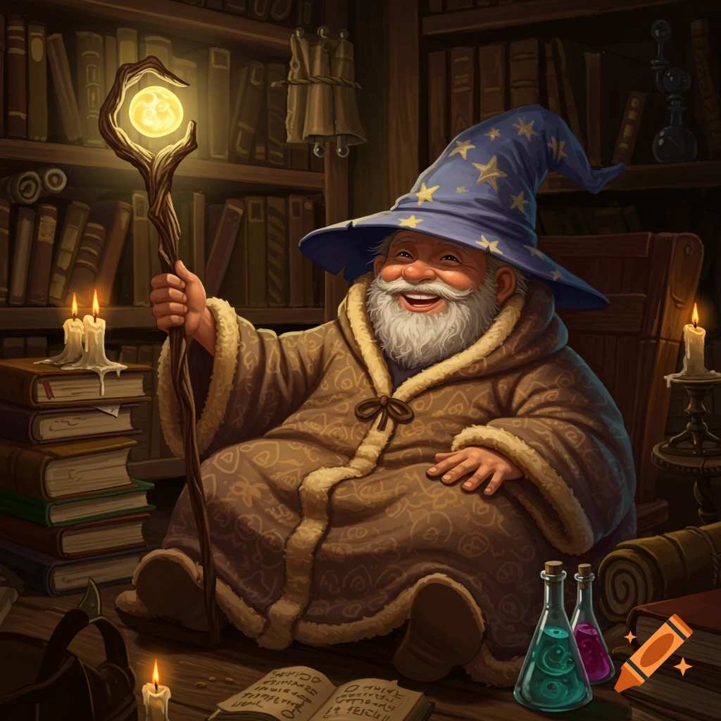 Cheerful wizard with a white beard and star-spangled hat holds a glowing scepter in a cozy library.