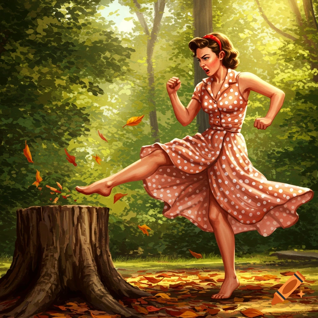 A barefoot 1950s woman in a polka dot dress kicks a tree stump, sending autumn leaves flying in a sunny forest illustration.