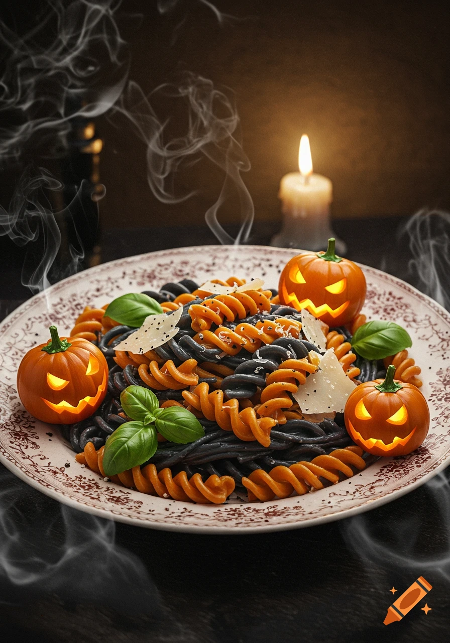 Halloween-themed black and orange pasta dish with glowing jack-o'-lanterns, basil, cheese, and smoke under candlelight.