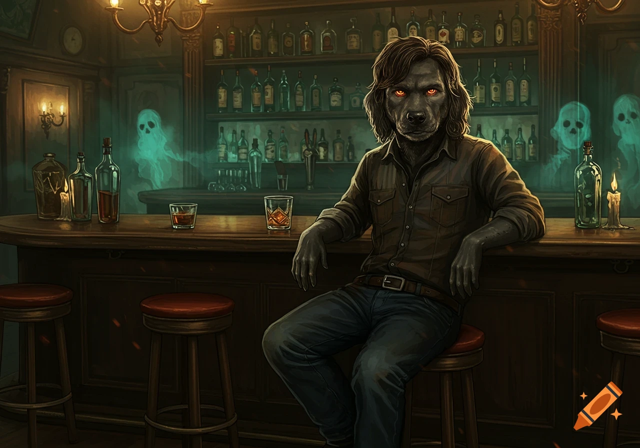 A dog-headed furry with glowing red eyes and dark hair, wearing a brown shirt and jeans, sits at a dimly lit bar with bottles and ghosts.