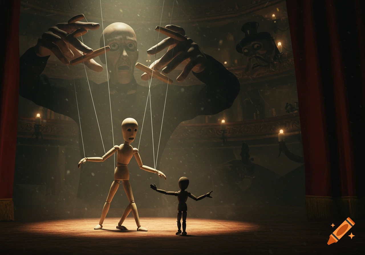 A large wooden puppet and a smaller puppet on a theater stage, manipulated by giant ghostly hands and faces, with a distorted figure in the background.