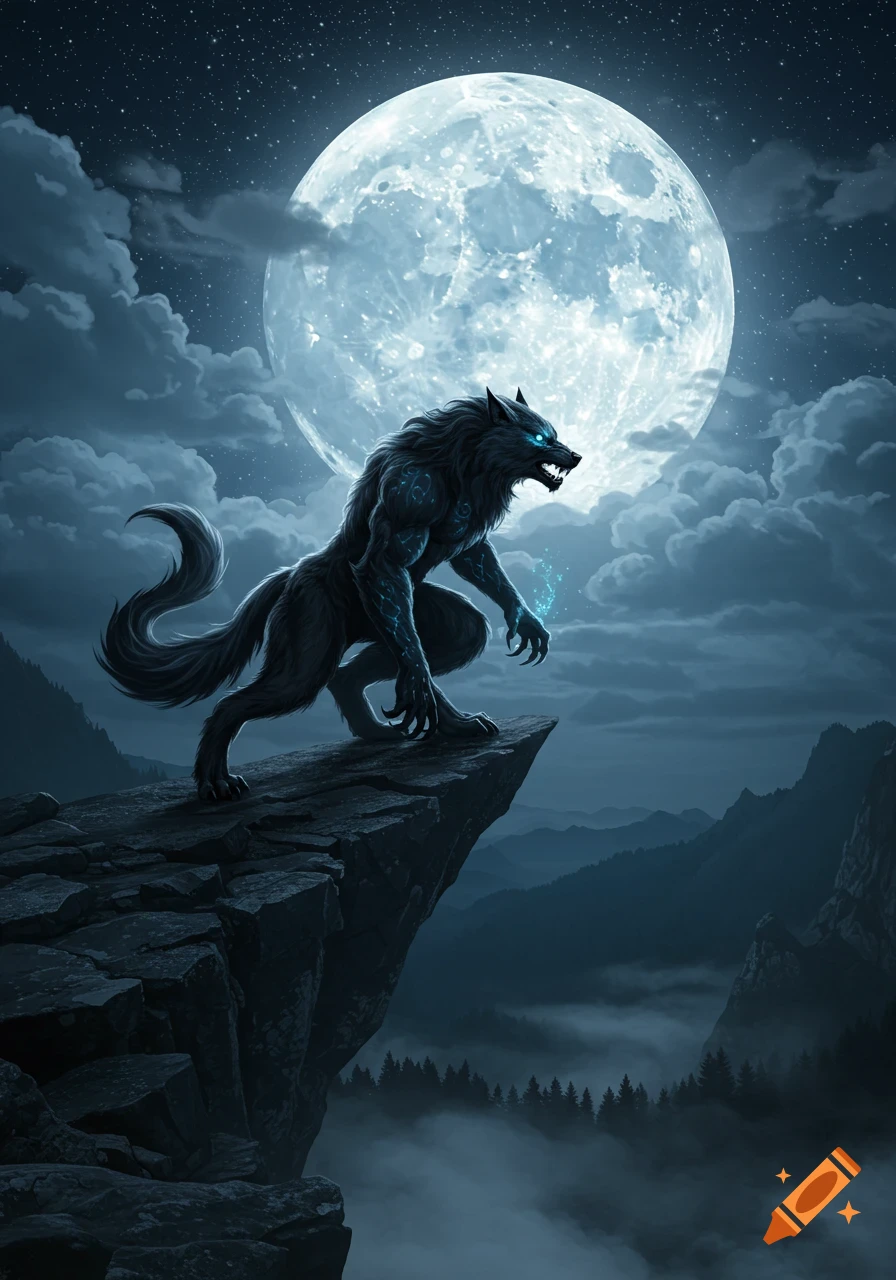 A dark, muscular werewolf with glowing blue eyes crouches on a cliff under a large, bright full moon in a misty mountain landscape.