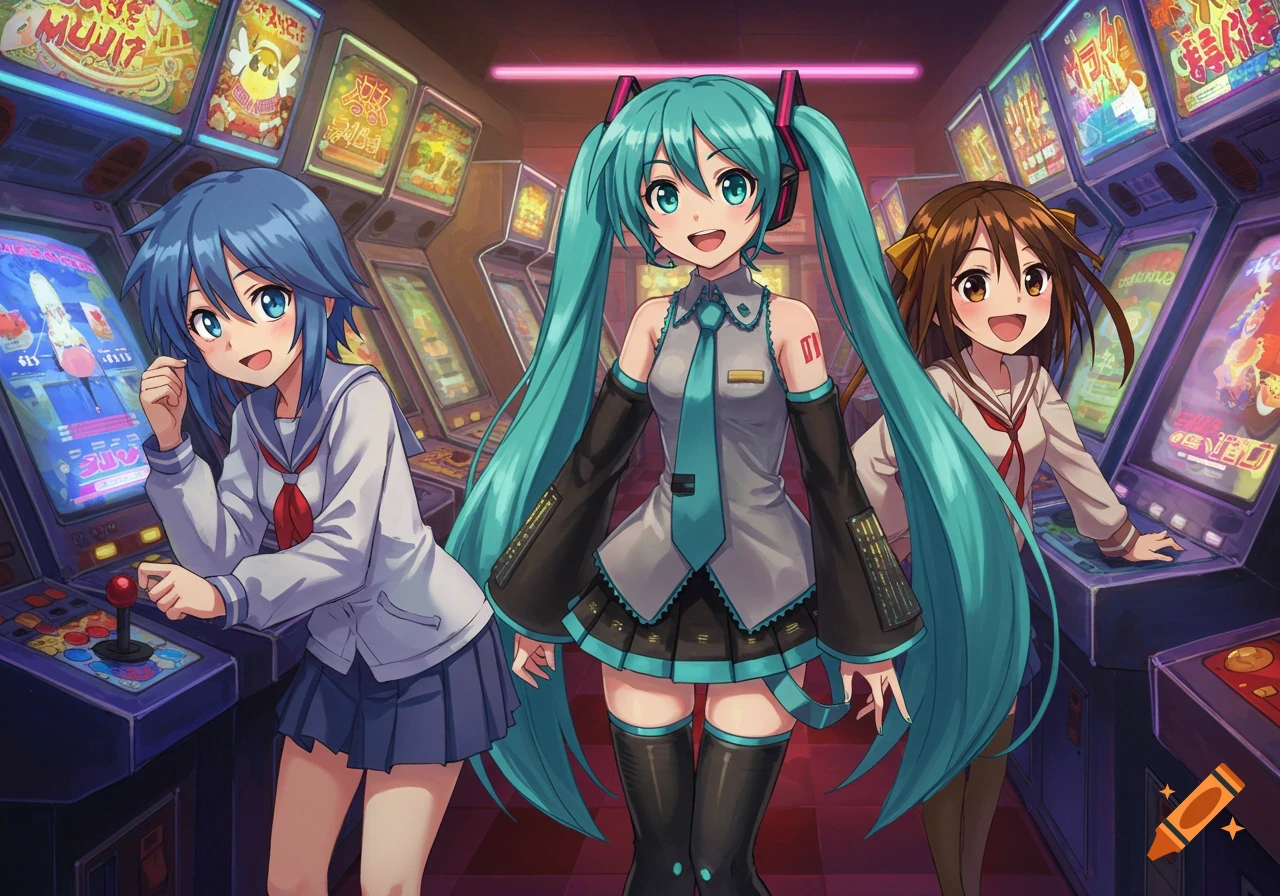 Hatsune Miku, Haruhi Suzumiya, and Konata Izumi smiling and posing in a colorful anime arcade.