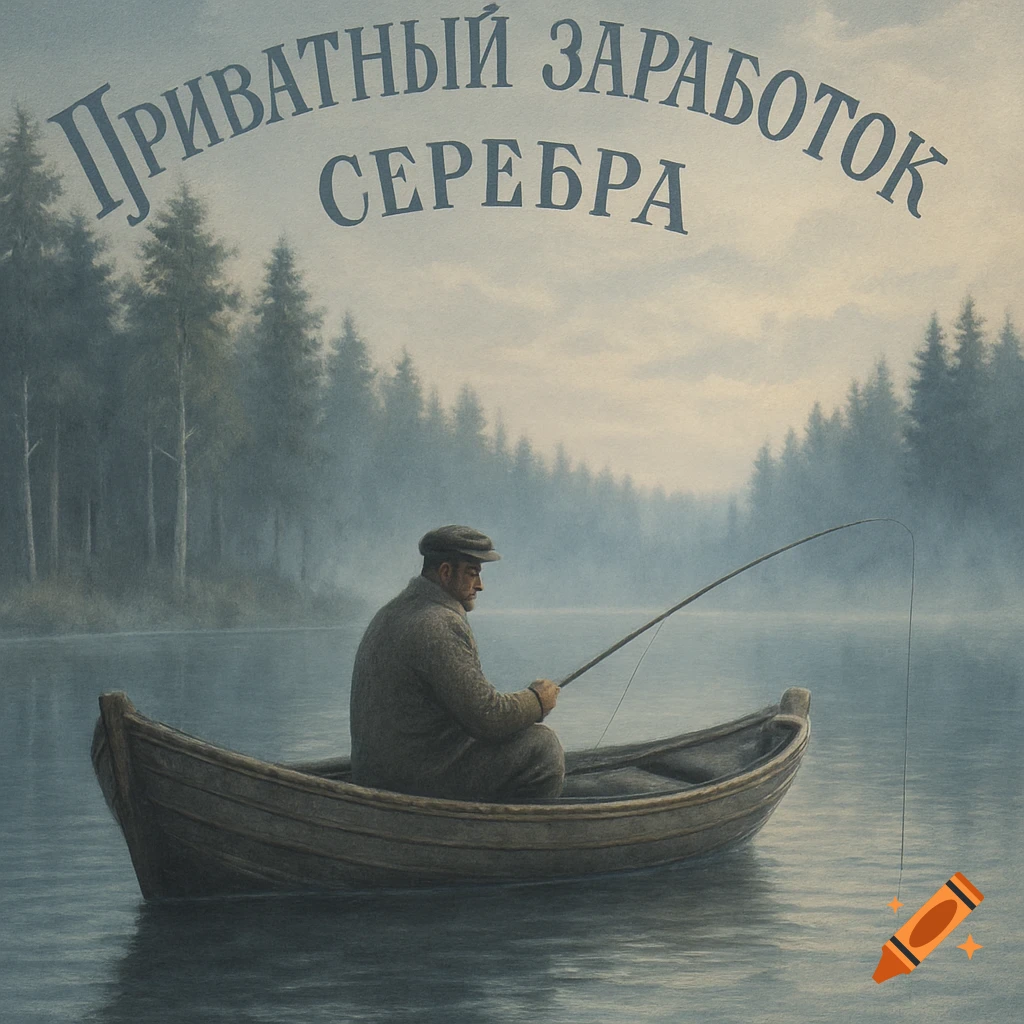 A man in a boat fishes on a misty lake with a forest in the background, text "ПРИВАТНЫЙ ЗАРАБОТОК СЕРЕБРА" above, painterly style.