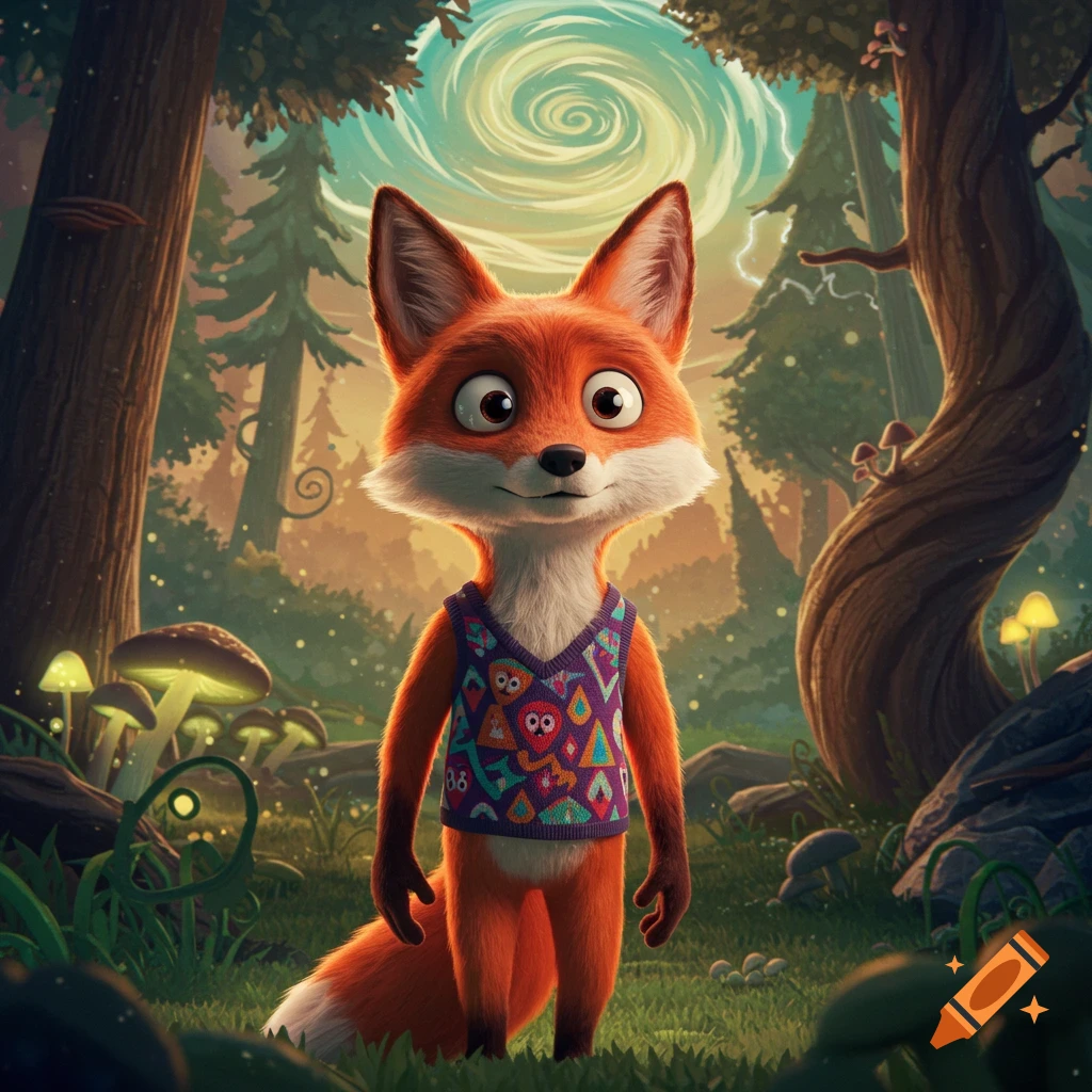 A cartoon fox wearing a colorful patterned vest stands in a magical forest with glowing mushrooms and a swirling sky.