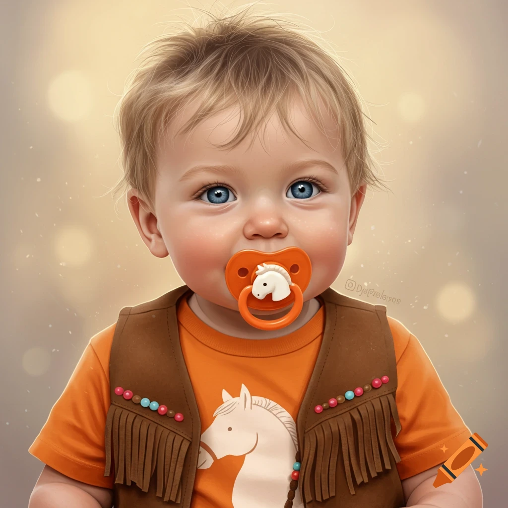 A baby boy with blonde hair and blue eyes wears an orange t-shirt with a white horse, a fringed brown vest, and an orange horse pacifier.