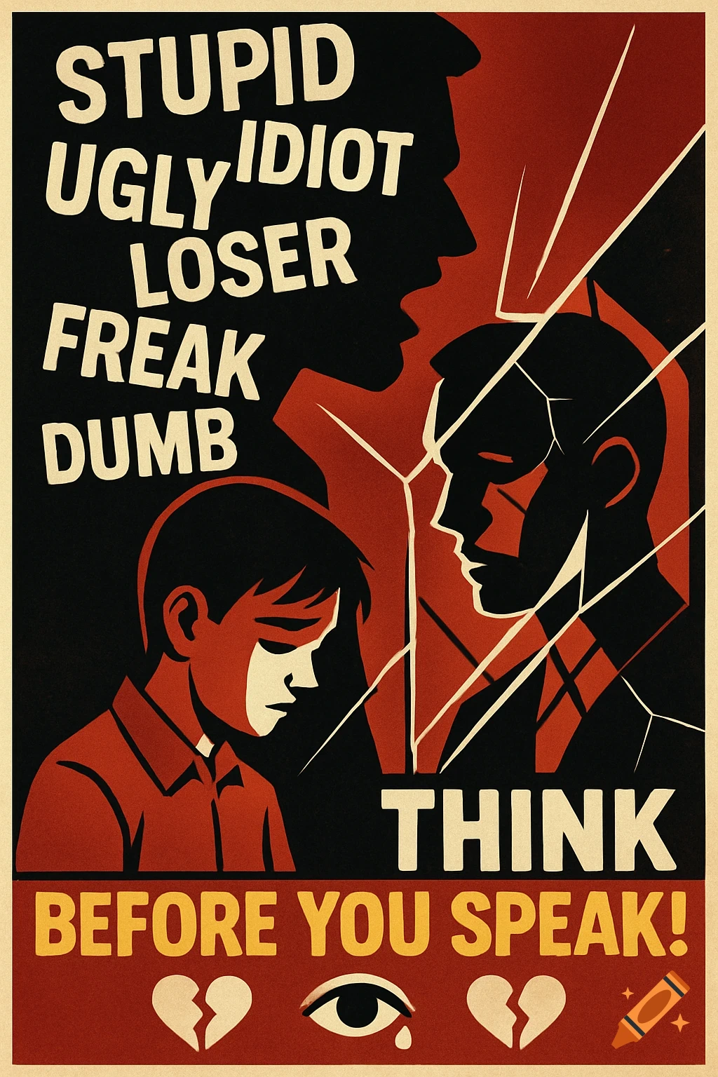 Propaganda poster about bullying; a screaming silhouette, a sad child, and a fractured head with text 'STUPID UGLY IDIOT LOSER FREAK DUMB' and 'THINK BEFORE YOU SPEAK!'.