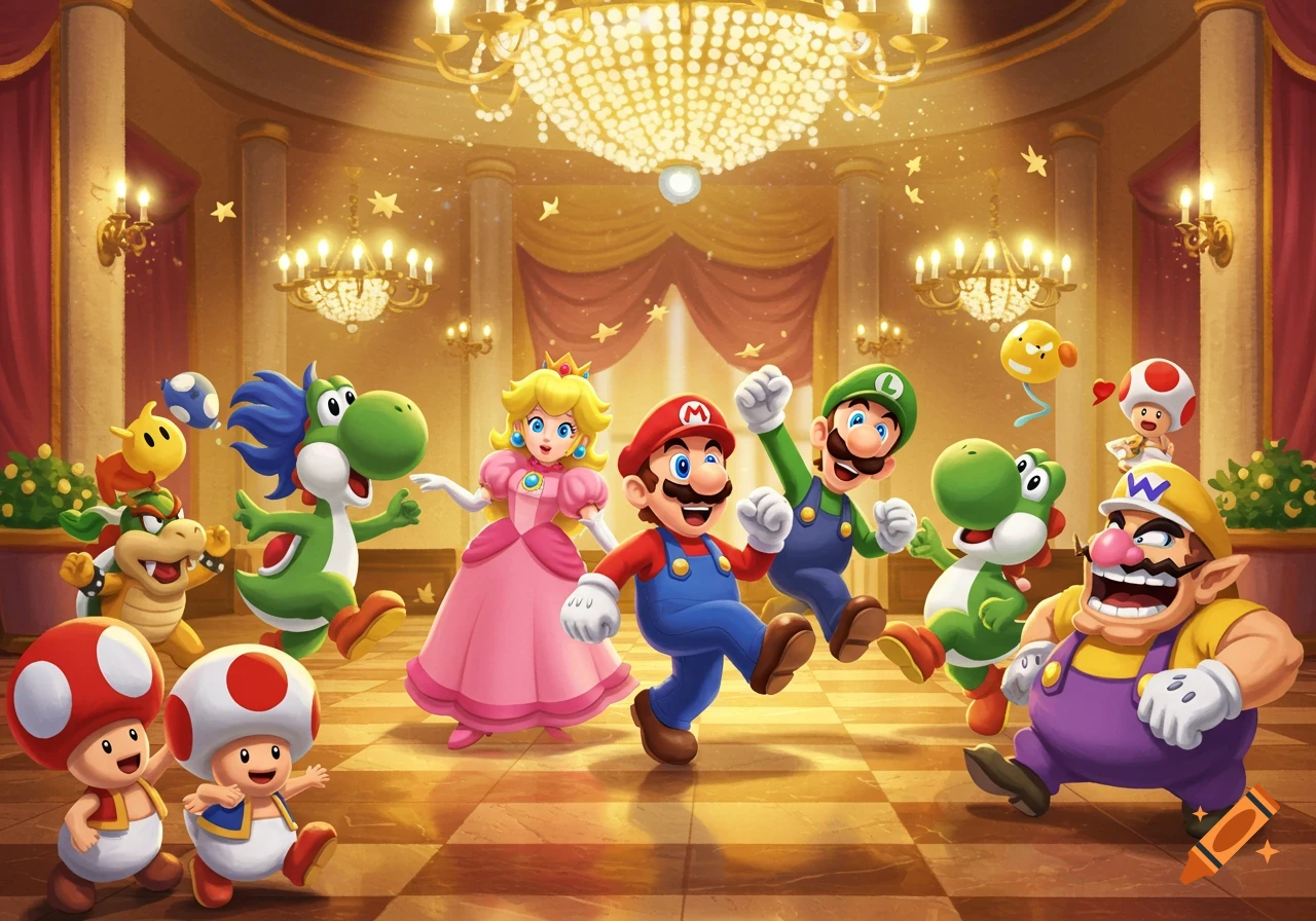 Vibrant cartoon art of Mario, Luigi, Peach, Yoshi, Bowser, Toads, and Wario dancing in a grand, golden ballroom.