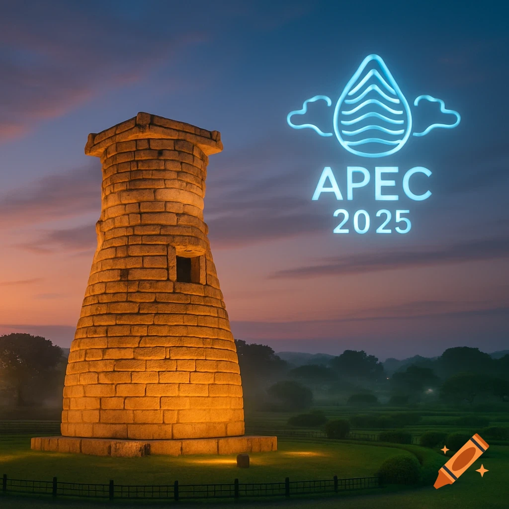 Cheomseongdae observatory in Gyeongju at sunset with a glowing APEC 2025 logo in the sky.