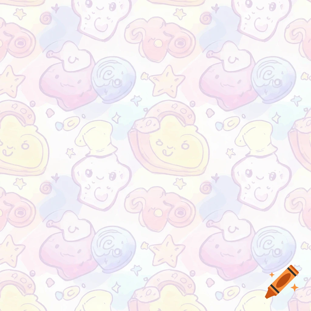 A seamless pastel watercolor pattern featuring whimsical doodles of sleepy faces, stars, and abstract shapes on a light background.