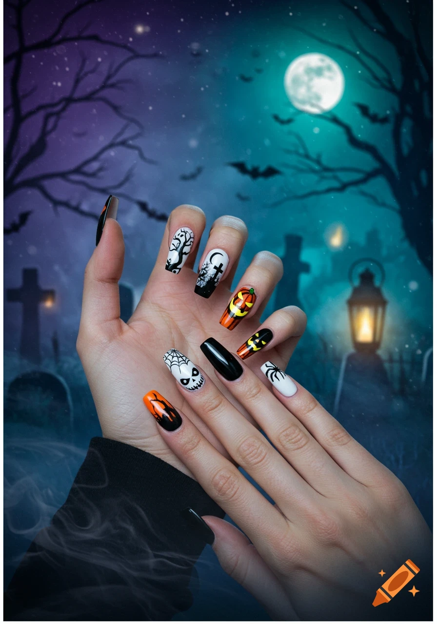 Close-up of hands with Halloween-themed nail art, featuring pumpkins, spiders, skulls, and gravestones, against a spooky graveyard background under a full moon.