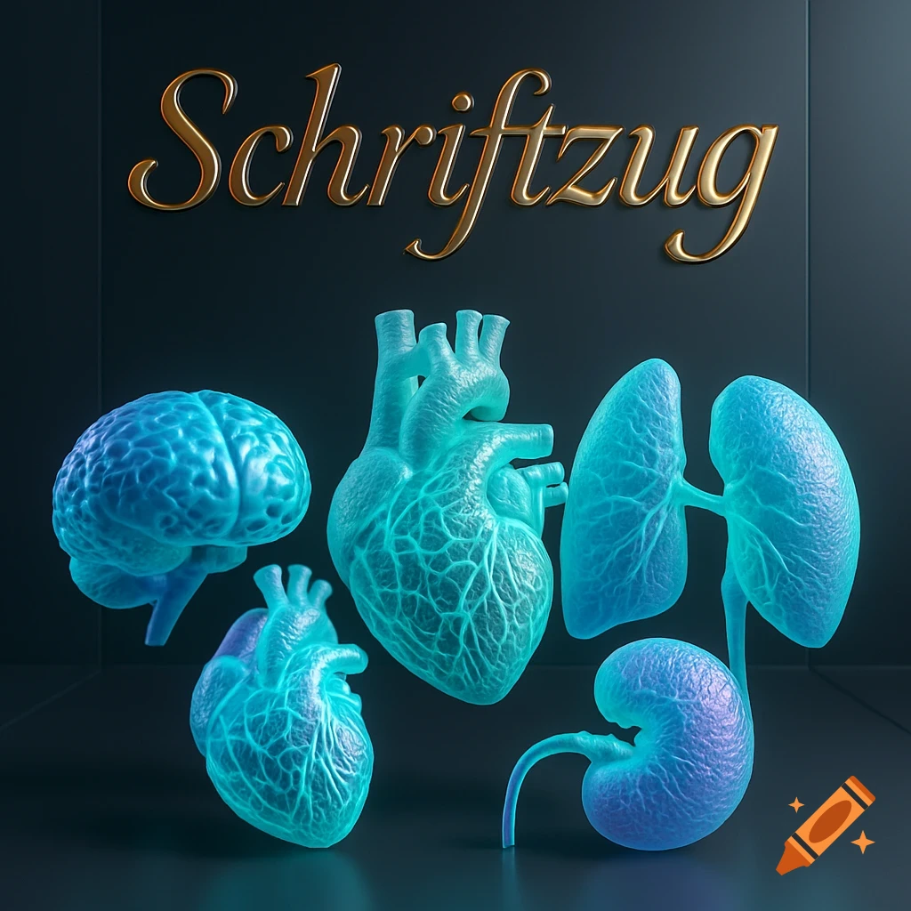 Stylized translucent blue 3D models of a brain, two hearts, lungs, and a kidney, with the golden word 'Schriftzug' above them on a dark background.
