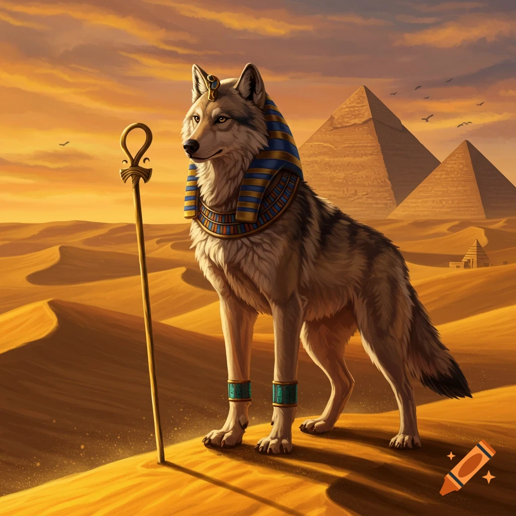 An anthropomorphic wolf in ancient Egyptian attire stands on sand dunes with pyramids under an orange sky.