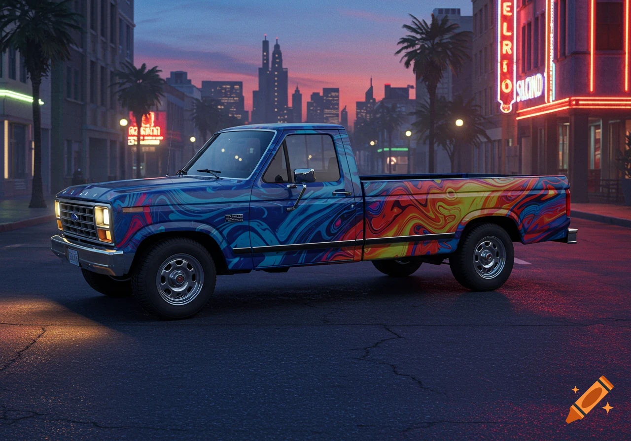 A psychedelic-wrapped 1984 Ford F-150 XL truck is parked on a city street at dusk, with neon signs and a skyline in the background.