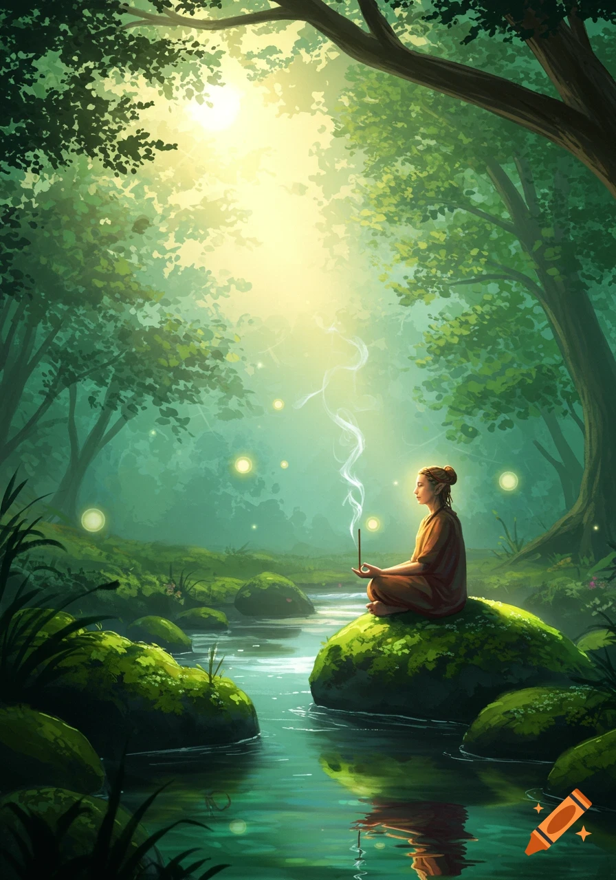A person with pointed ears meditates on a mossy rock in a vibrant, sunlit forest, holding an incense stick over a flowing stream with glowing orbs. Illustrative style.