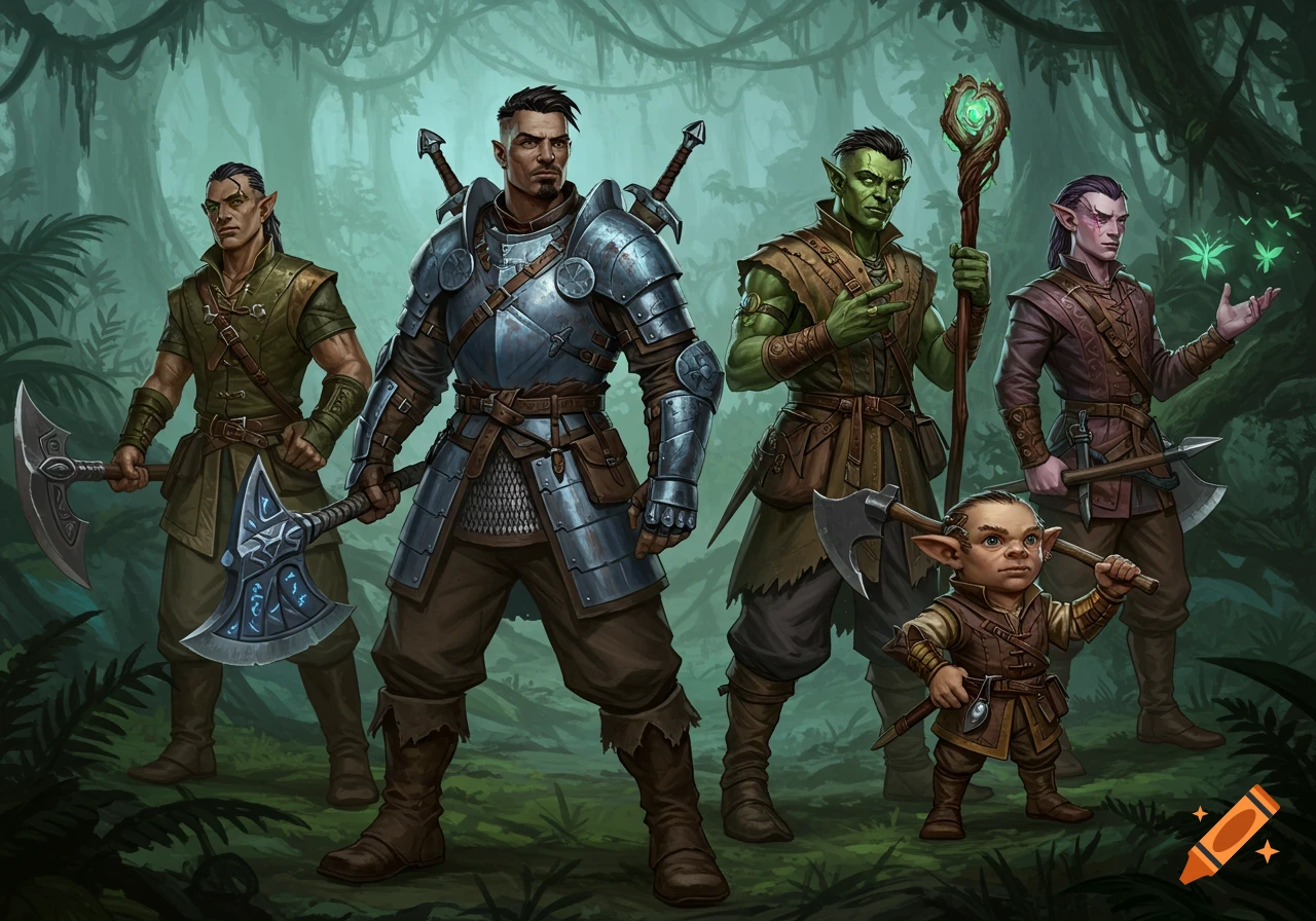 A diverse group of fantasy adventurers (human, elves, orc, gnome) stand in a lush jungle, holding various weapons, in a detailed, illustrative style.