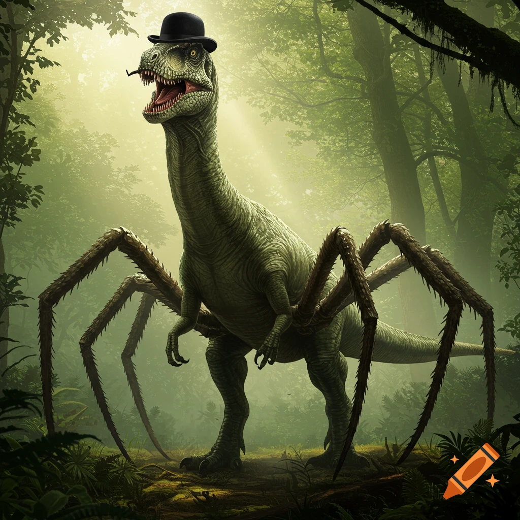 A green dinosaur with eight spiky spider legs, wearing a black bowler hat and smoking a pipe, stands in a misty jungle.