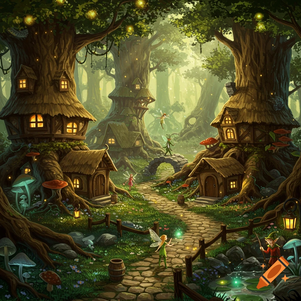 A whimsical fantasy illustration of an enchanted fairy and elf village in a magical forest with tree houses and glowing lights.