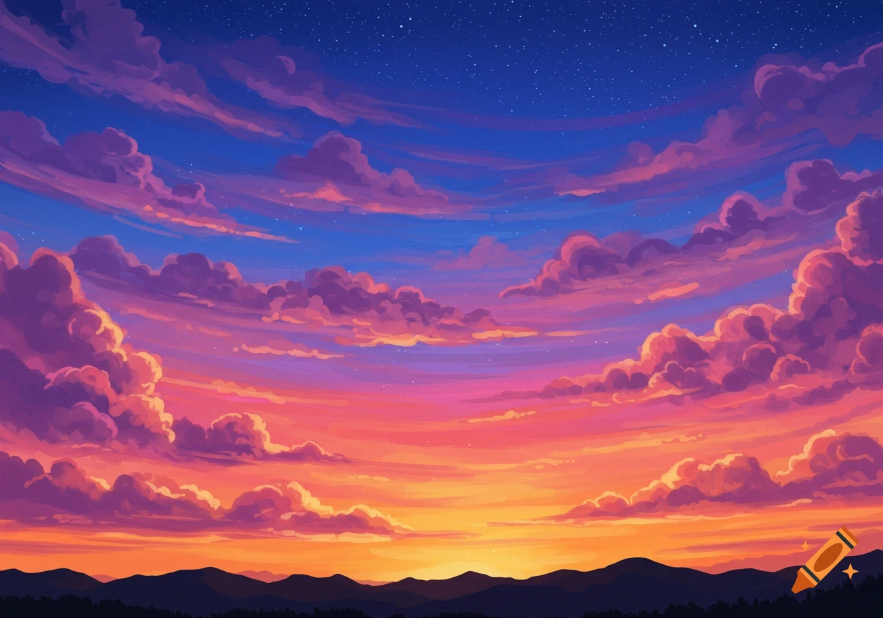 A vibrant twilight sky with pink, orange, and purple clouds over dark mountain silhouettes.