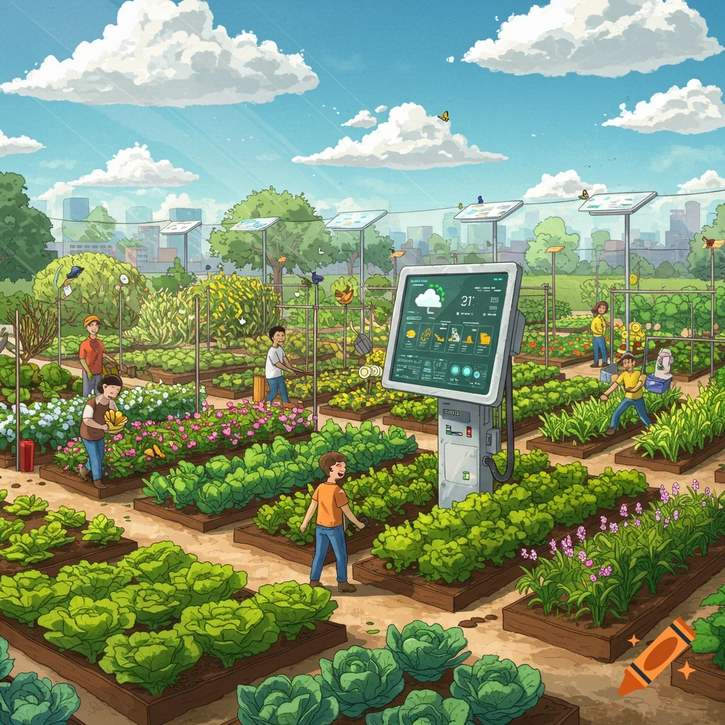 A vibrant cartoon illustration of a community garden where people are tending plants. A large central smart display shows weather forecasts and data, with solar panels in the background.