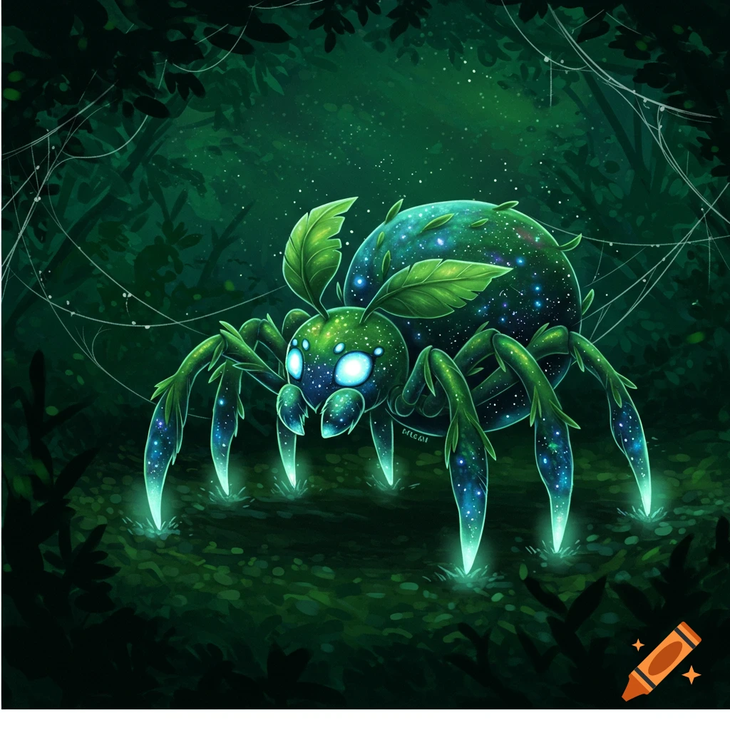 A glowing green, cosmic, spider-like creature with leaf-like antennae in a dark, starry forest.