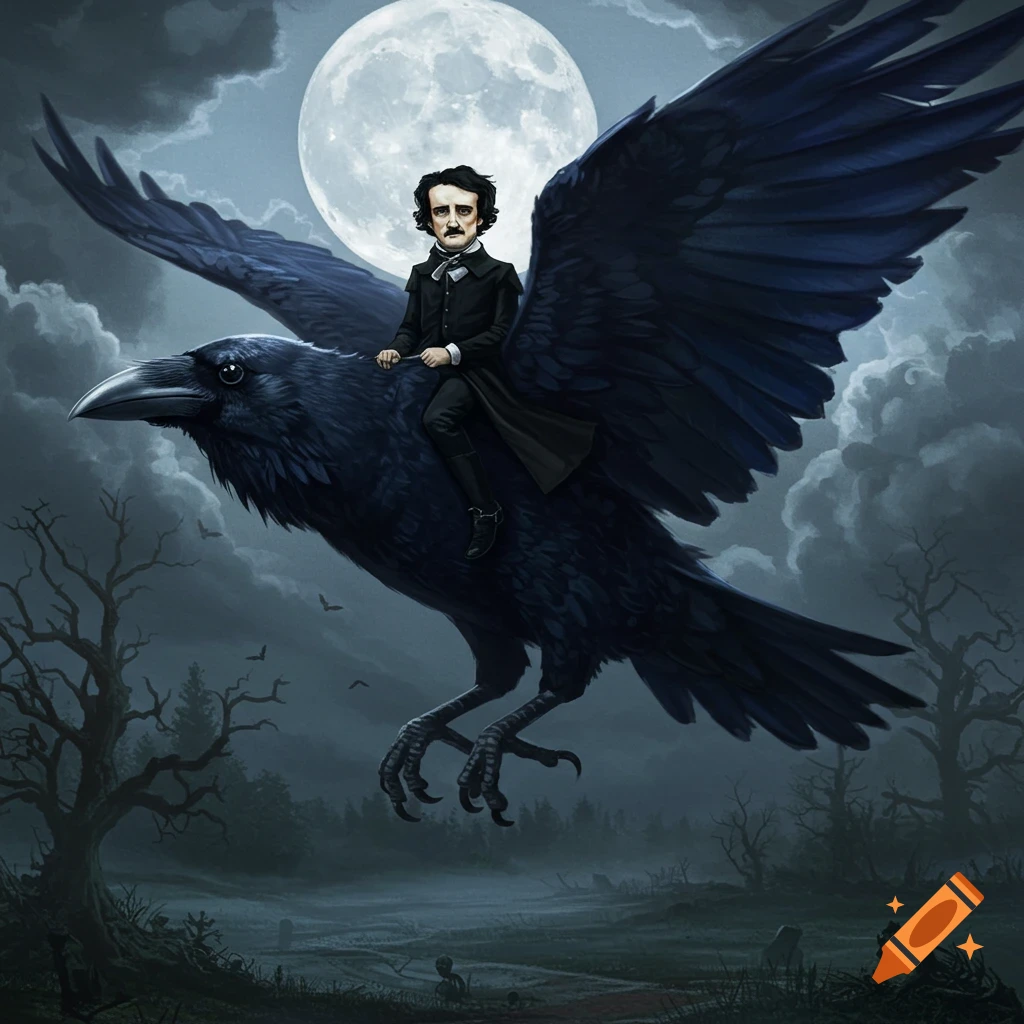 Edgar Allan Poe riding a giant raven under a full moon in a gothic, stormy night sky above a dark, barren landscape.
