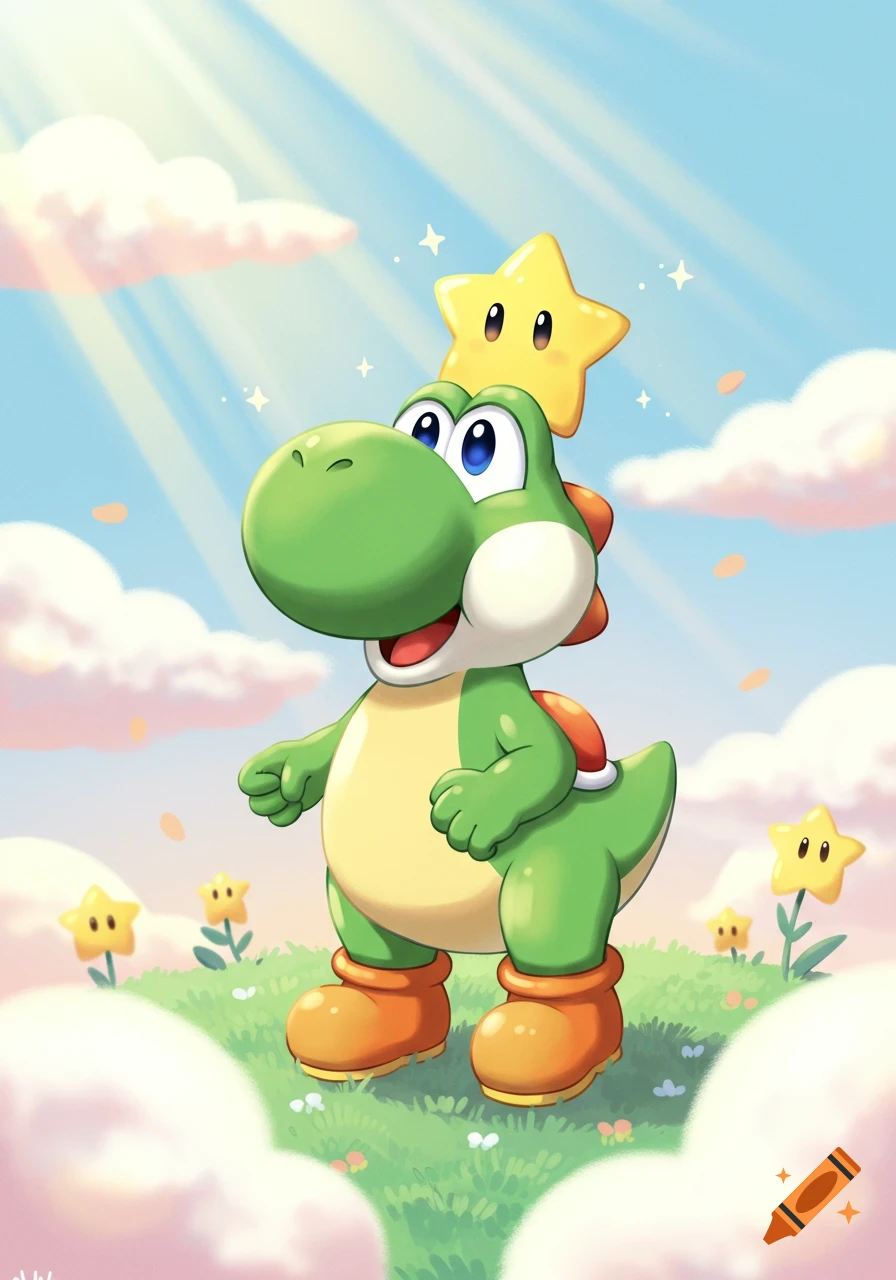 A cheerful, green Yoshi-like character with a Super Star on its head stands on a grassy hill with star flowers under a sunny, cloudy sky in a cartoon style.