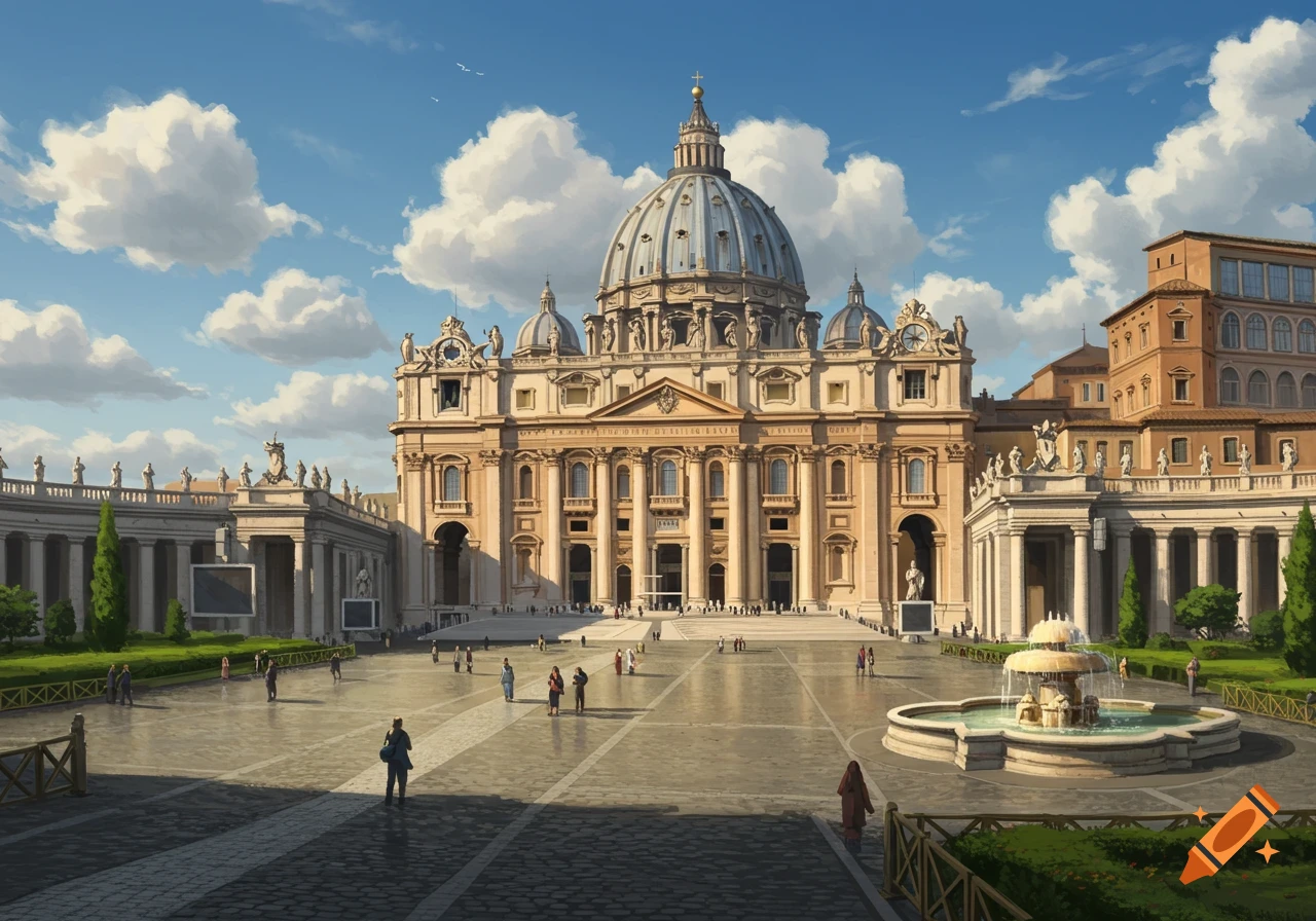 A grand view of St. Peter's Basilica and St. Peter's Square, with a fountain and numerous people under a blue sky.